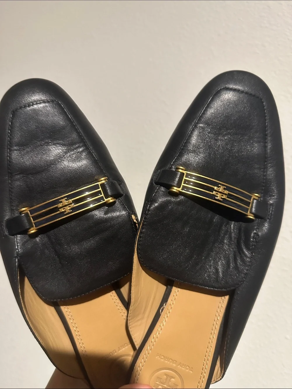 Tory Burch Black Leather Slip-On Loafers with Gold Accent